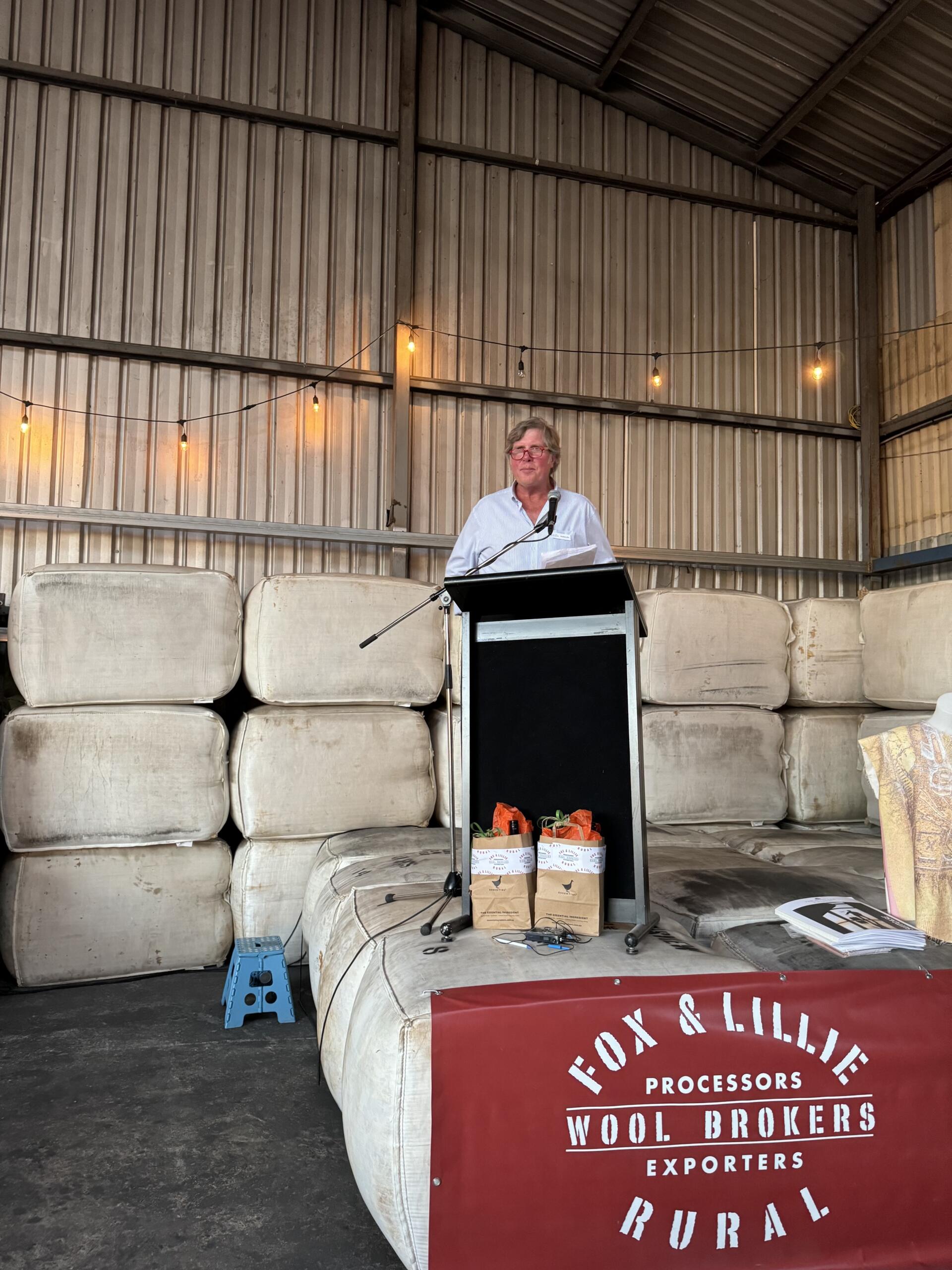 Jonathan Lillie presenting at the Fox & Lillie Rural Corowa Wool Store Opening night 