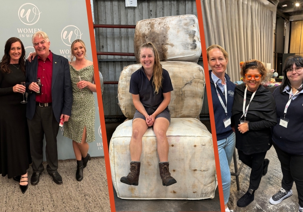 Joanna Manderson (Head of Marketing), Eamon Timms National (Brokerage Manager), Georgia Reeves (Corowa Store Co-Ordinator and Wool Buyer) pictured at the Women in Wool Gala Dinner. Sarah Polderman (Hamilton and Casterton Wool Marketing Representative) pictured on a wool bale in the Hamilton store. Johanna Mula (Mildura Store Coordinator) pictured with Tanya Wohler
